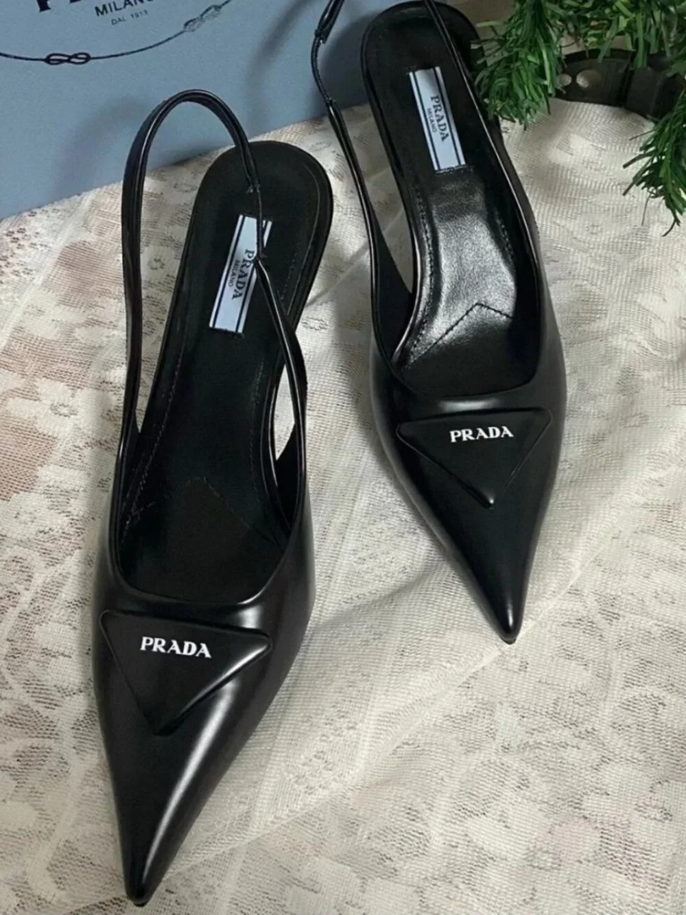 Prada Black Triangle Logo Slingback Pointed Toe Heels
